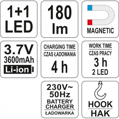 Lampa warsztatowa robocza akumulatorowa LED magnes + hak 2w1 Yato